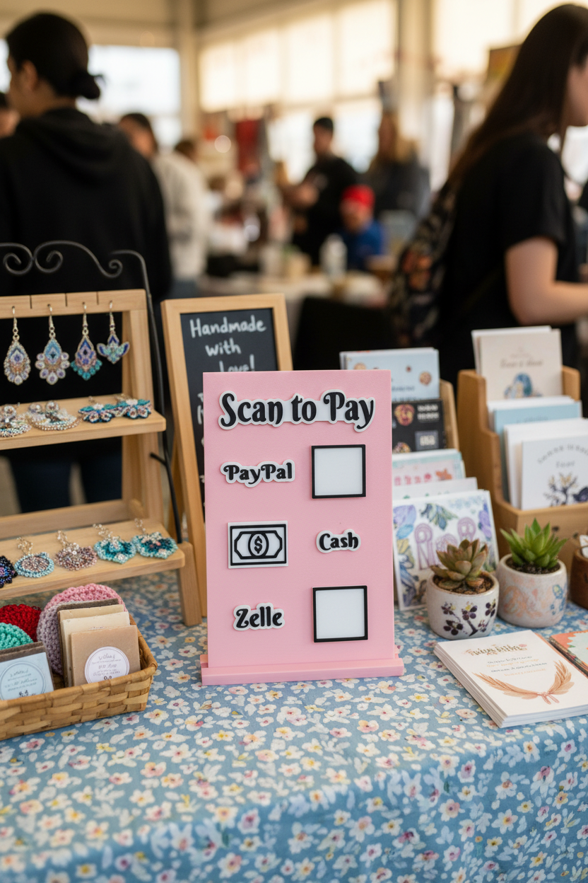 Scan to Pay stand, Scan QR Code, 3 Slots - Paypal, Cash labels, Cash Icon, Zelle