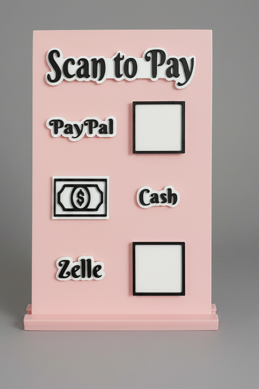 Scan to Pay stand, Scan QR Code, 3 Slots - Paypal, Cash labels, Cash Icon, Zelle