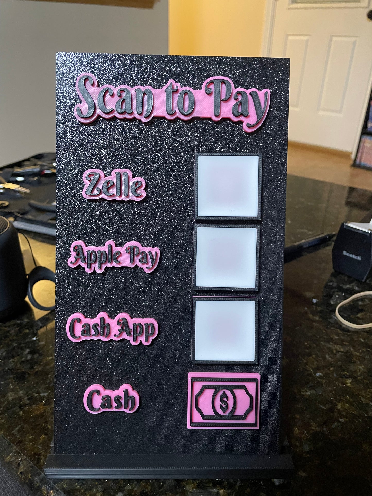 Scan to Pay stand, Scan QR Code, 4 Slots - Zelle, Apple Pay, Cash App, Cash and Cash Icon