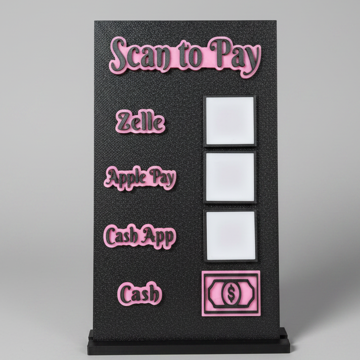 Scan to Pay stand, Scan QR Code, 4 Slots - Zelle, Apple Pay, Cash App, Cash and Cash Icon