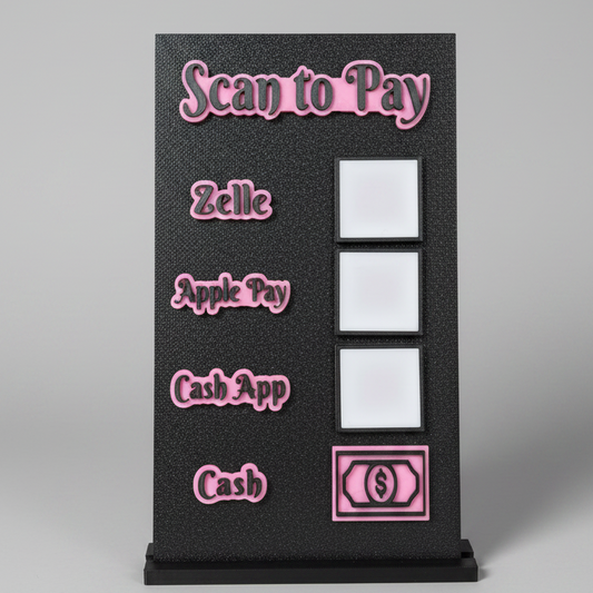 Scan to Pay stand, Scan QR Code, 4 Slots - Zelle, Apple Pay, Cash App, Cash and Cash Icon
