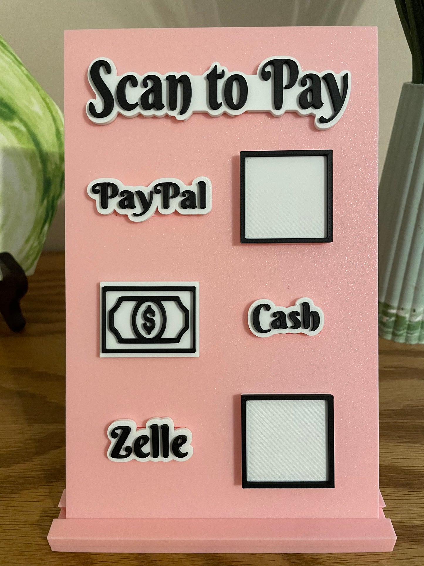 Scan to Pay stand, Scan QR Code, 3 Slots - Paypal, Cash labels, Cash Icon, Zelle