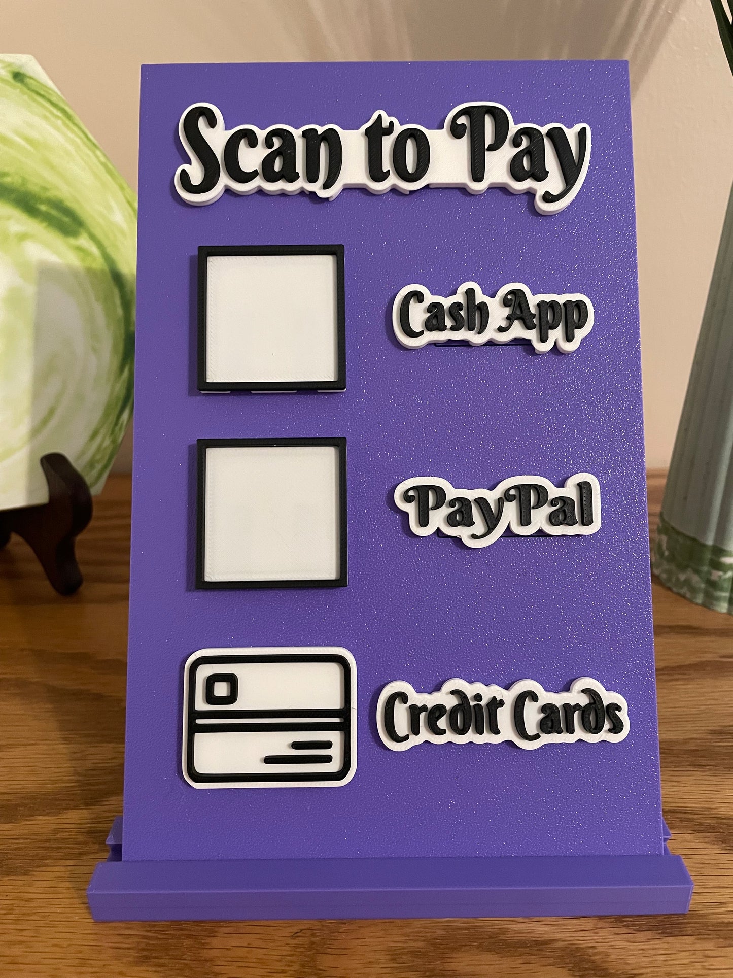 Scan to Pay stand, Scan QR Code, 3 Slots - CashApp, PayPal, Credit Cards, Credit Cards Icon