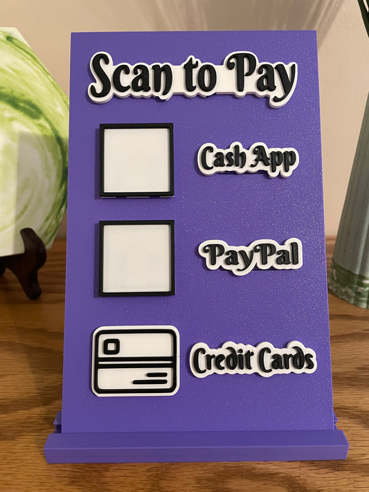 Scan to Pay stand, Scan QR Code, 3 Slots - CashApp, PayPal, Credit Cards, Credit Cards Icon