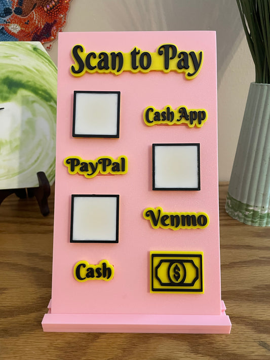 Scan to Pay stand, Scan QR Code, 4 Slots - CashApp, PayPal, Venmo, Cash, Cash Icon