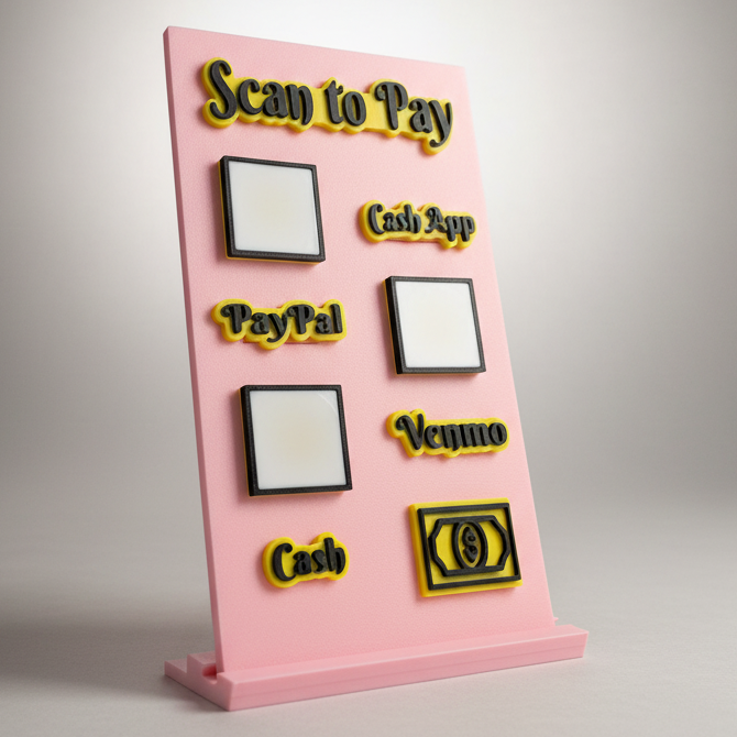Scan to Pay stand, Scan QR Code, 4 Slots - CashApp, PayPal, Venmo, Cash, Cash Icon